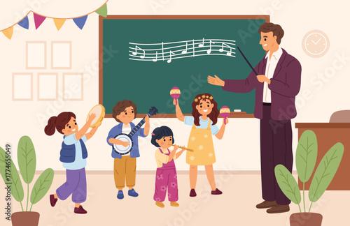 Music class learning. Students with musical instruments in teacher front, kids education, talented children in school, art subject cartoon flat style isolated garish vector background