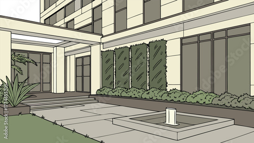 Sleek modern architecture features a glass and steel building exterior with a verdant garden in an urban setting