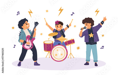 Funny rock band. Kids music trio, little guitarist, drummer and singer, live concert performing, musical instruments, children entertainment show, garish cartoon isolated vector concept