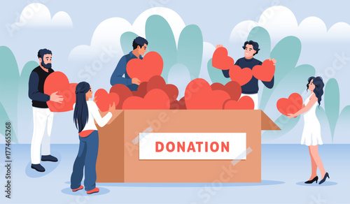 Donation hearts. Volunteering and charity, happy volunteers team collects large hearts in cardboard box, social care, humanitarian help and support, tidy vector cartoon isolated concept