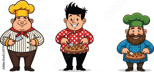 Cartoon chefs holding delicious pizzas, vector illustration of happy cooks in colorful uniforms, culinary cooking characters, restaurant food preparation design.