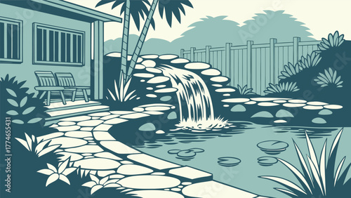 Luxury tropical resort swimming pool with palm trees, blue water, and sun reflection for a summer vacation