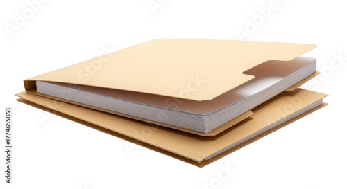 Two stacked manila folders with white paper documents inside isolated on transparent background