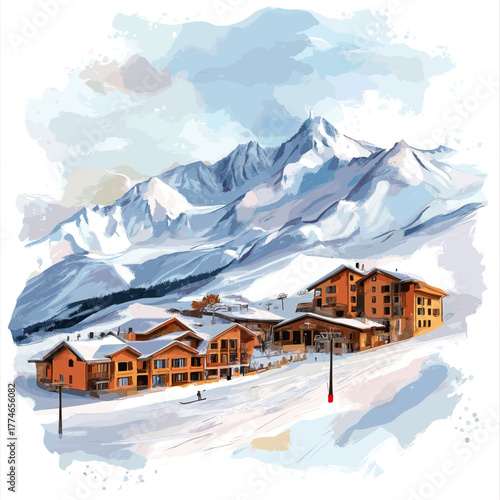 Andes Ski Resort. Andes Ski Resort hand drawn watercolor illustration