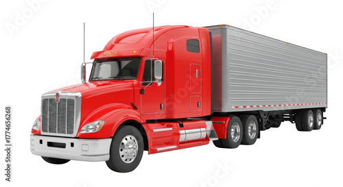 Bright red semi truck and trailer isolated on transparent background
