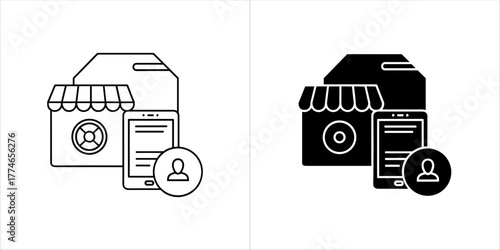 Online store and mobile phone with user icon, line art and solid