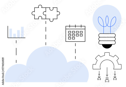 Cloud connects bar graph, puzzle pieces, calendar, light bulb, gear distributing tasks. Ideal for teamwork, innovation, cloud technology strategy analytics planning productivity. Simple flat