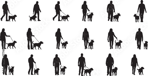 vector silhouettes of people with dog