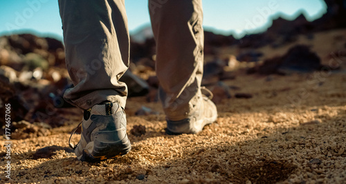 A man walks in a desert among mountains, legs in trekking shoes closeup.