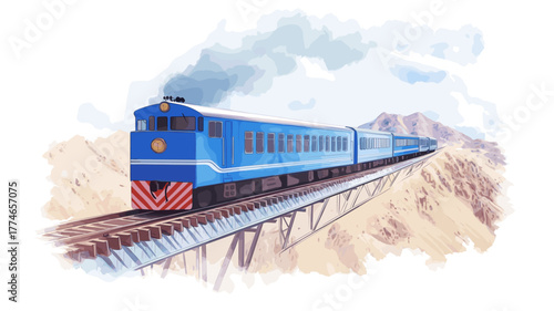 Train to the Clouds. Train to the Clouds hand drawn watercolor illustration