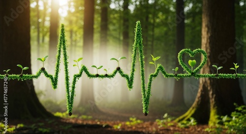 Green Heartbeat Line Made of Plants and Leaves in Forest, Symbol of Eco Health, Nature Energy, Environmental Sustainability, and Green Life Concept,  Esg Green Ecology Background	