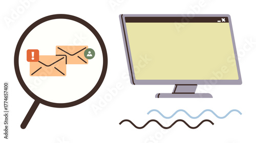 Magnifying glass over envelopes with notifications alongside a computer screen. Ideal for email management, alerts, digital security, online communication, data monitoring, productivity, simple flat