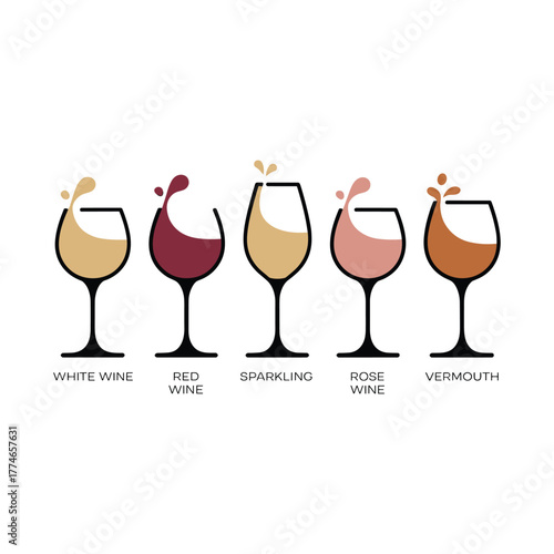 Wine glasses set with red, white, rose, sparkling wine and vermouth illustration