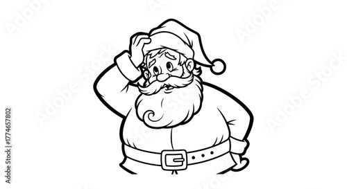 A black and white cartoon illustration of Santa Claus scratching his head in confusion.
