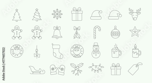 Collection of outline icons representing Christmas elements, including a tree, snowflake, gifts, Santa hat, reindeer, and more.