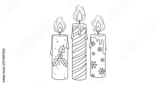 Three lit candles with decorative patterns, including holly and snowflakes, in a simple line art style.