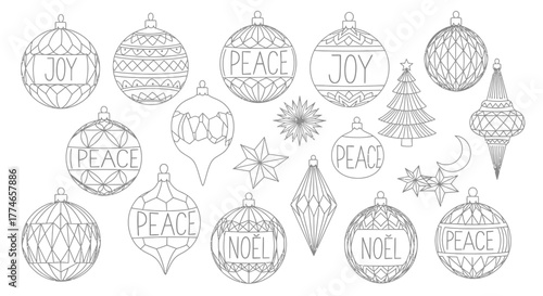 Collection of intricate line art Christmas ornaments and festive holiday decorations with words like Joy, Peace, and Noel.