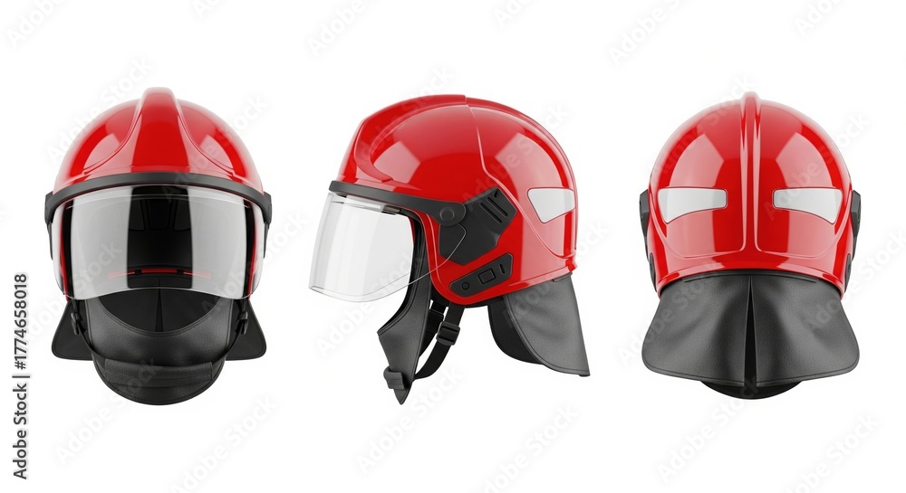 Fototapeta premium Red firefighter helmet with a protective visor set of three views isolated on white background