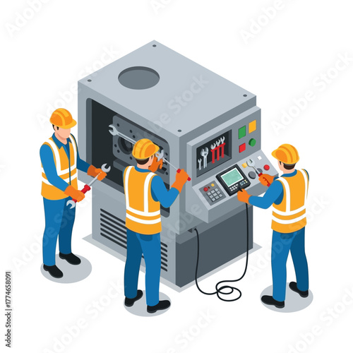 Professional Factory Workers Vector Servicing Technical Machinery System