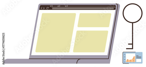 Open laptop showing a web layout, magnified key symbol, and ID card with data chart. Ideal for online security, web design, digital access, identification, data protection, authentication