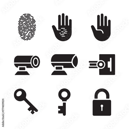Set of security and safety black vector illustration.Security Gate icon set. lock, key,hend icon,camera,