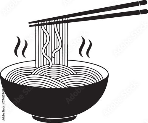 Hot steaming noodles vector graphic in a bowl with chopsticks for Asian cuisine menu design or food illustration