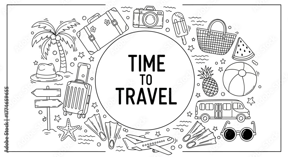 Fototapeta premium A circular composition of hand-drawn travel and summer vacation doodle icons set against a white background