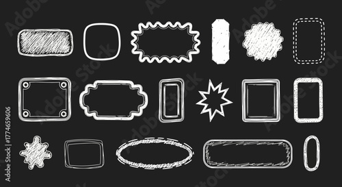 Set of hand-sketched chalk effect frames, borders, and labels in various shapes, ideal for creating rustic, vintage, or chalkboard-inspired design elements