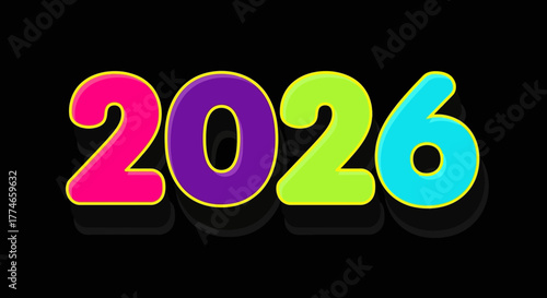 Vibrant 2026 text with colorful numbers and a black background, perfect for New Year's celebrations and festive designs