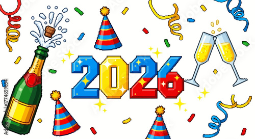 Vibrant pixel art illustration capturing the excitement of a 2026 New Year celebration, with sparkling champagne, festive party hats, and confetti, symbolizing joy and new beginnings