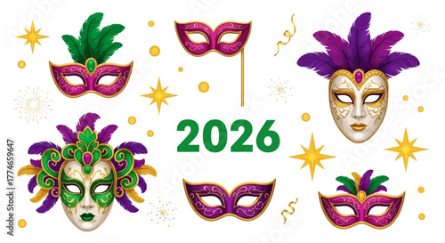 Mardi Gras Masks and 2026 New Year Celebration Vector Design