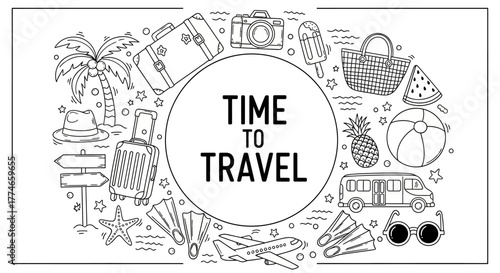 A circular composition of hand-drawn travel and summer vacation doodle icons set against a white background