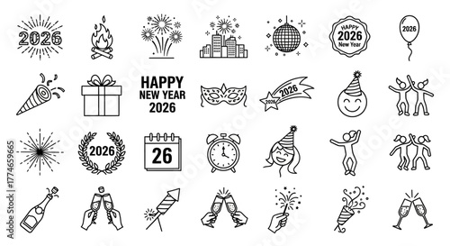 Happy New Year 2026 celebration icon collection with festive symbols like champagne, fireworks, and party poppers in a line art style