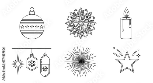 Minimalist outline vector icon set for winter holidays and festive celebrations, featuring Christmas ornaments, snowflakes, burning candles, sparkling stars, and hanging decorations, 