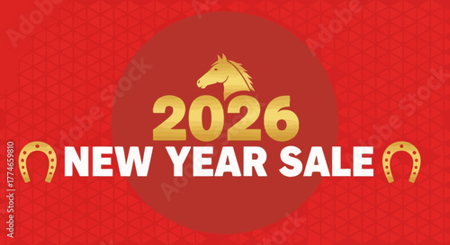 Vector illustration for the 2026 New Year of the Horse, a festive red and gold banner design for holiday promotions and sales
