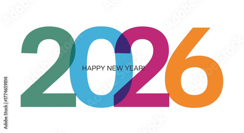 Vibrant 2026 Happy New Year Greeting with Overlapping Digits