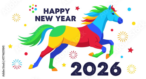 Colorful running horse celebrating the Chinese New Year of 2026, a vibrant greeting card vector illustration with fireworks