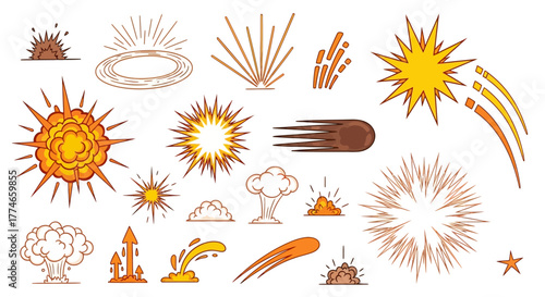 Cartoon Explosion Set Dynamic Illustrations of Explosions for Comic Books and Designs