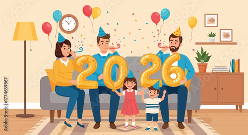 Family celebrating the New Year 2026 with balloons and party hats in a cozy living room
