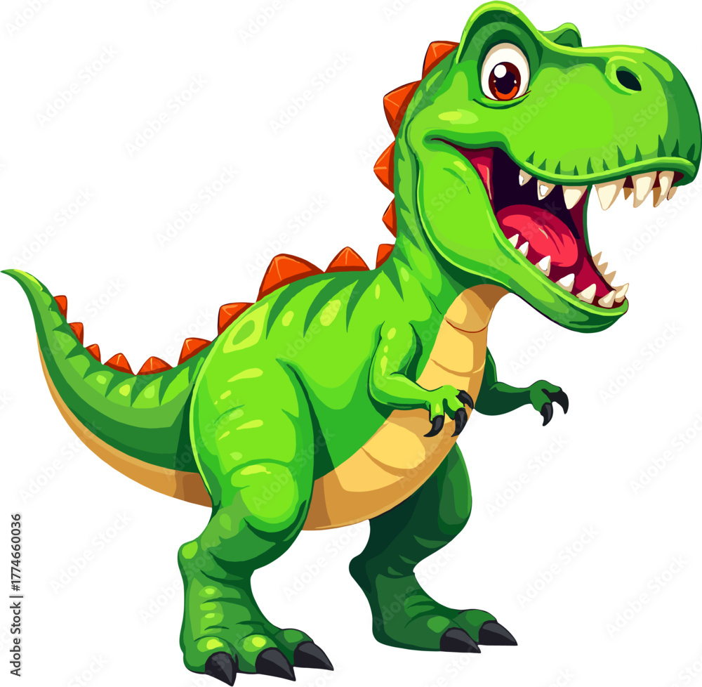 Obraz premium A lively cartoon illustration of a cheerful green dinosaur with bright details and a friendly smile, perfect for children’s artwork, prehistoric themes, educational materials, character designs, playf