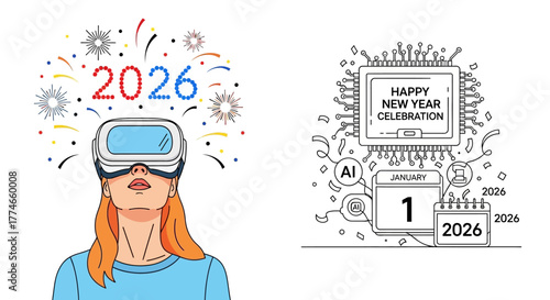 Celebrating New Year 2026 with innovative technology, virtual reality, and artificial intelligence, envisioning a modern digital future and festive advancements