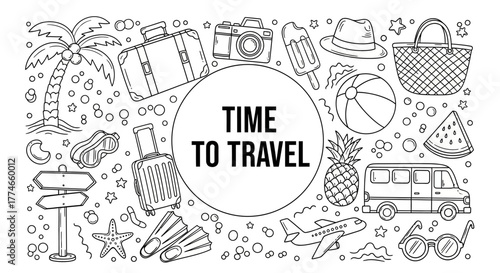 Embark on Your Dream Journey A Joyful Collection of Hand-Drawn Travel Icons, Inviting Exploration and Unforgettable Vacation Adventures