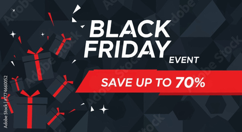 Promotional graphic showcasing a Black Friday event with gift boxes and a discount offer.