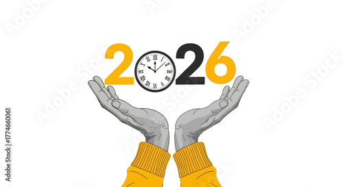 2026 Time for New Beginnings - Hands Holding the Future Year with Clock Symbol