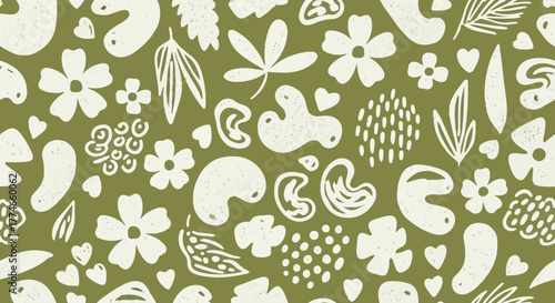 Seamless Botanical Pattern in Olive Green A Whimsical Design with Floral and Nature Motifs (2026 happy new year)