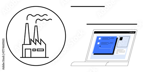Factory emitting smoke in circle next to laptop displaying diagrams and data. Ideal for technology, innovation, industry 4.0, manufacturing, digital transformation, data analytics automation. Simple