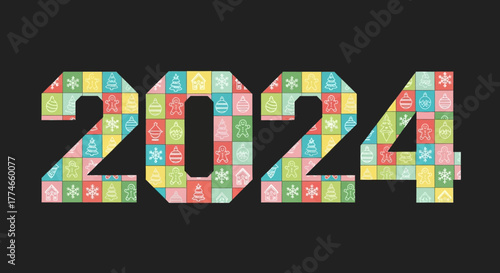 Happy New Year 2024 colorful pattern number illustration with festive icons