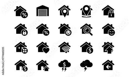 Versatile glyph icon collection representing various aspects of home ownership, from real estate finance and location to smart home technology