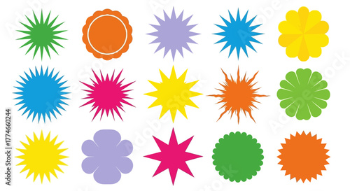 A vibrant collection of colorful starburst and star shapes, perfect for adding a dynamic flair to graphic designs and illustrations