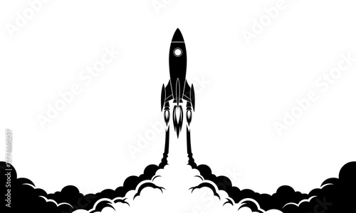 Stylized rocket launch icon in black and white. A powerful visual metaphor for technological advancement, discovery, new ventures, and future ambition